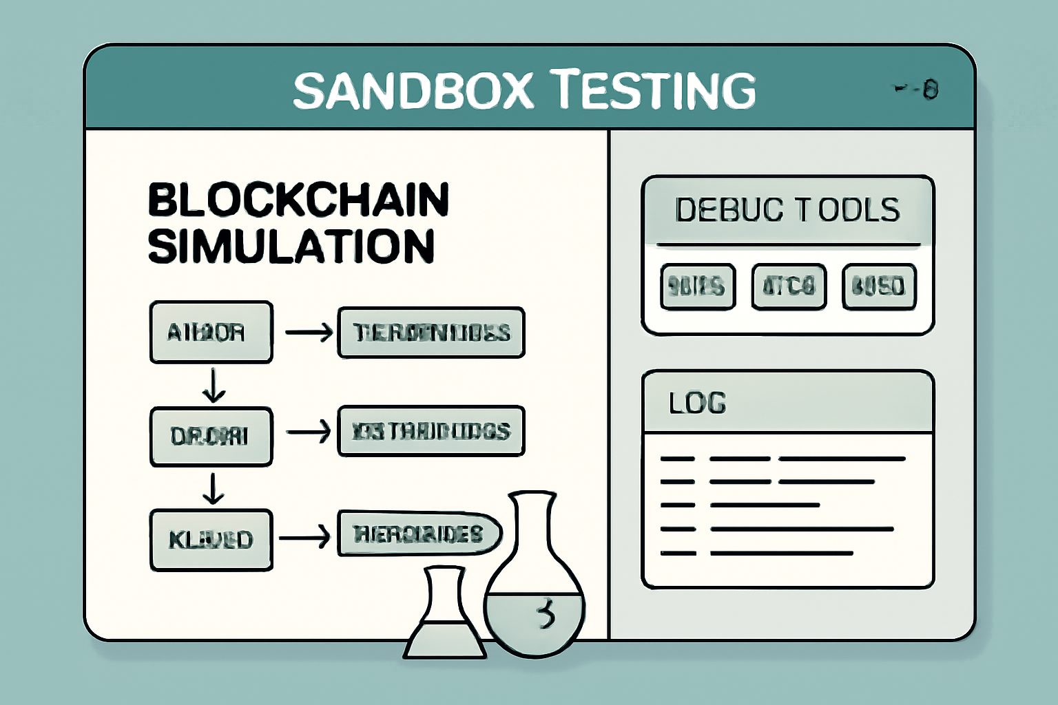 Sandbox testing interface showing blockchain simulation with transaction flows and debug tools, virtual lab aesthetic