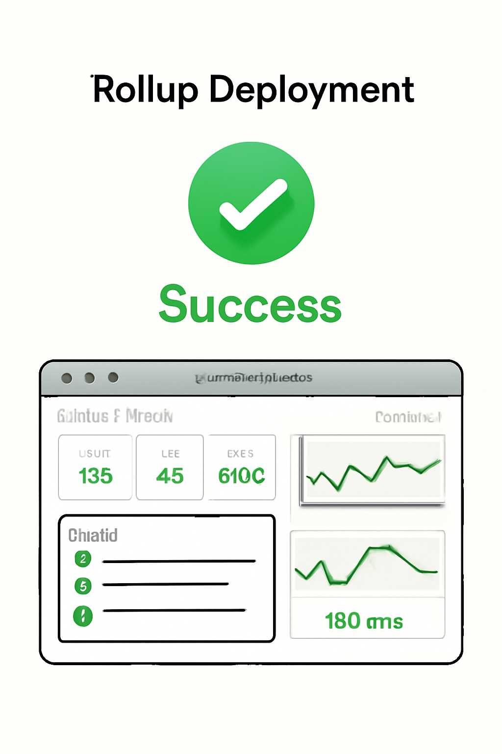 Successful rollup deployment screen with monitoring dashboard from abstractwatch.com showing metrics and alerts, green success indicators