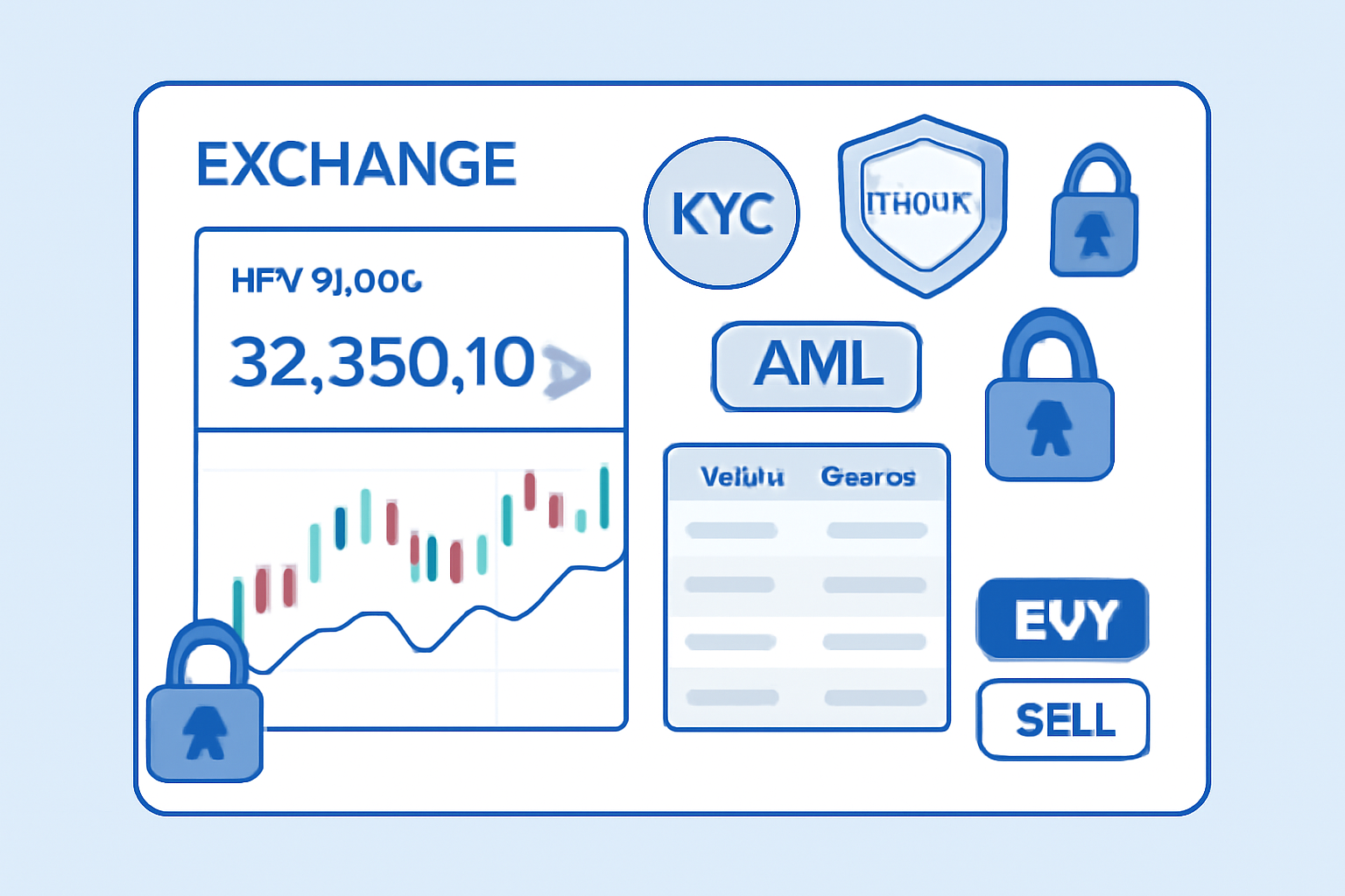 professional crypto exchange dashboard with regulation badges and security locks, clean modern UI