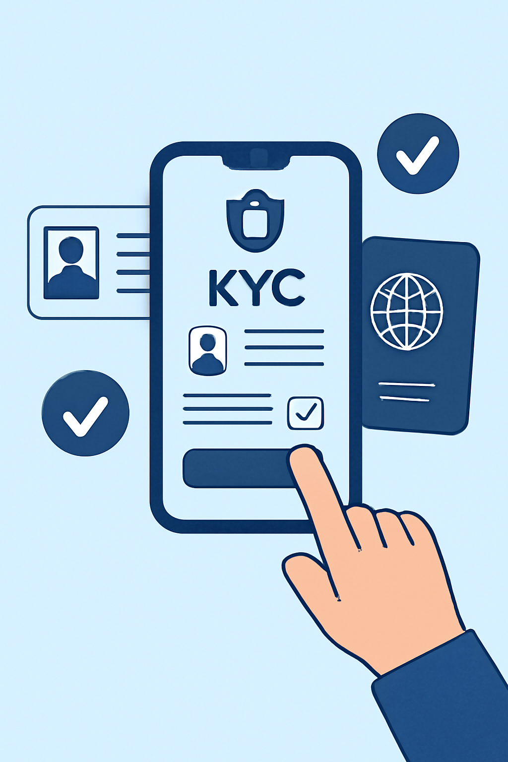 user completing KYC form on secure app, ID documents and checkmarks, trustworthy interface