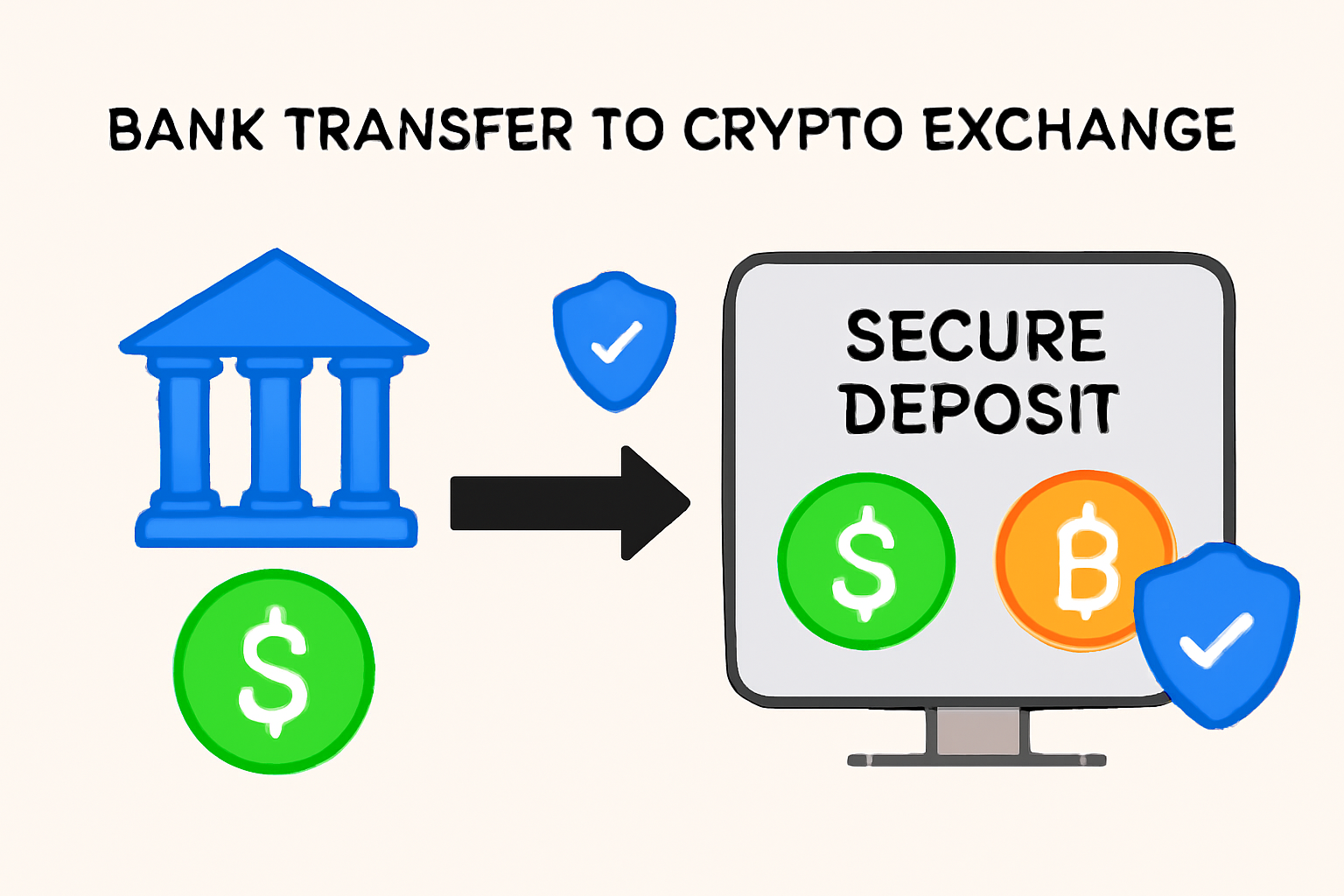 bank transfer to crypto exchange, secure deposit screen with shields and money icons