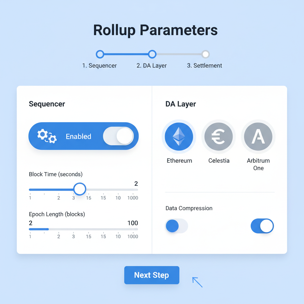 intuitive no-code configuration panel for rollup params like sequencers and DA layers, sliders and toggles, modern web UI