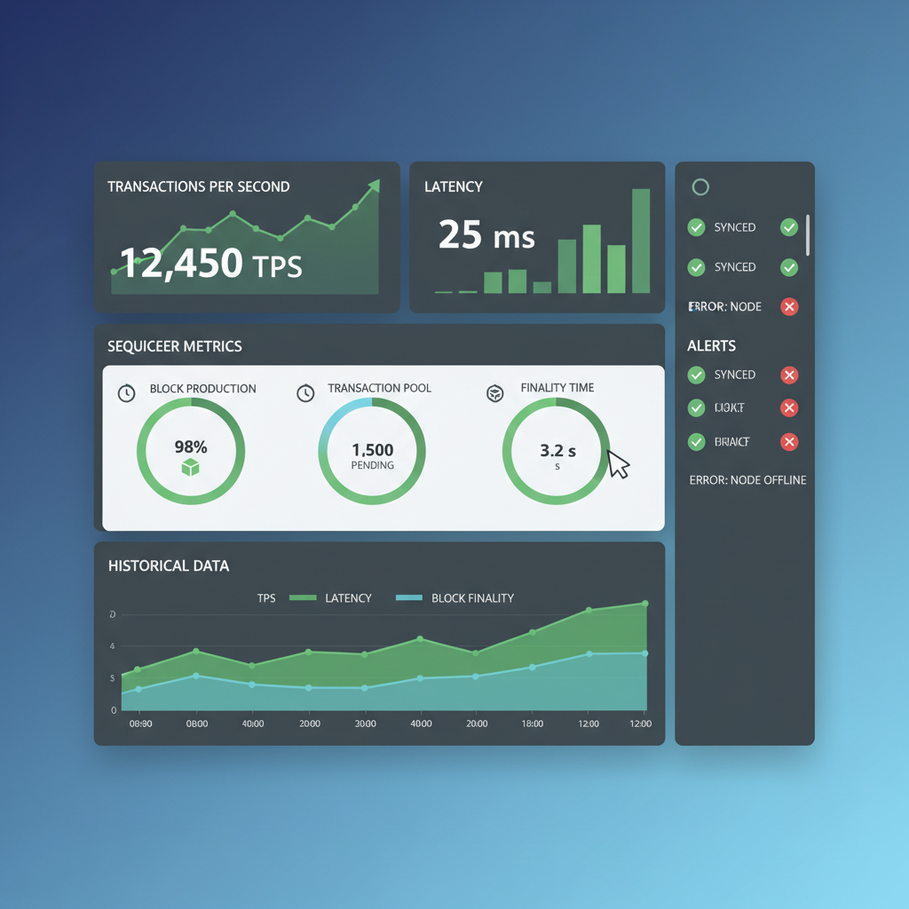 real-time blockchain dashboard showing TPS latency sequencer metrics graphs, professional monitoring UI green accents