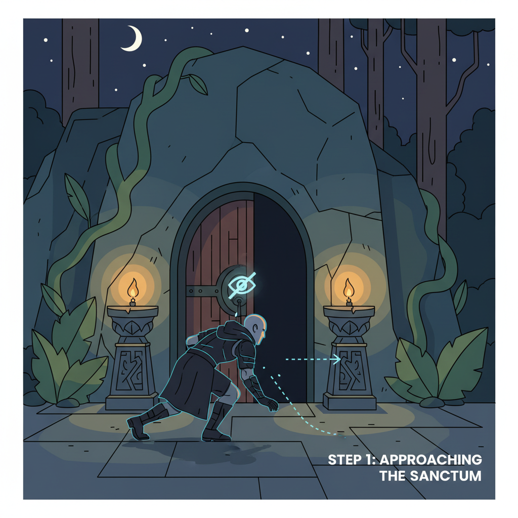 Baldur's Gate 3 Emerald Grove inner sanctum entrance, stealthy character sneaking at night, dim torchlight