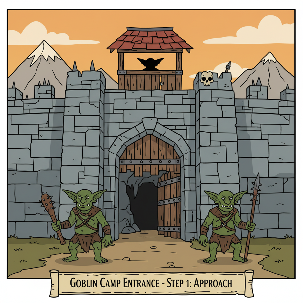 Baldur's Gate 3 goblin camp entrance with goblins guarding, fantasy RPG scene, detailed stone walls