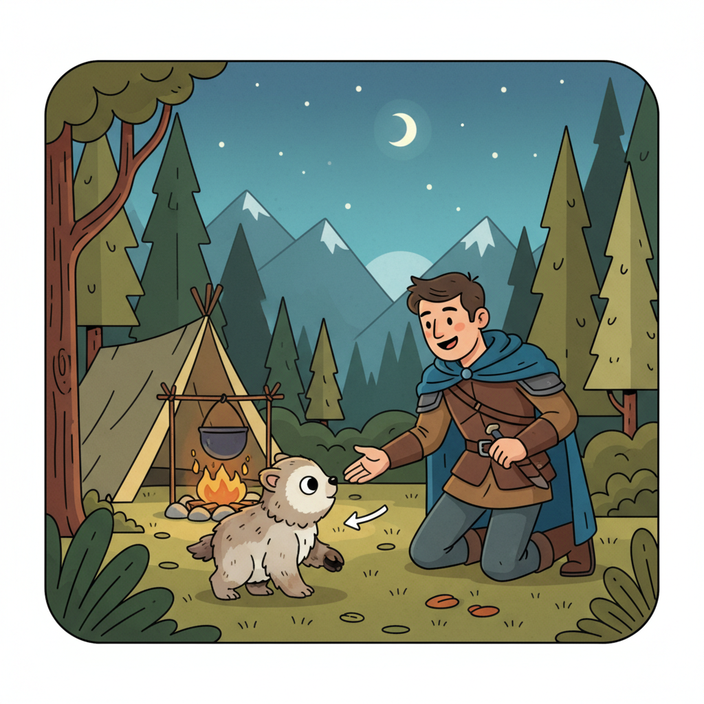 BG3 adventurer inviting owlbear cub to camp, joyful moment, fantasy wilderness background
