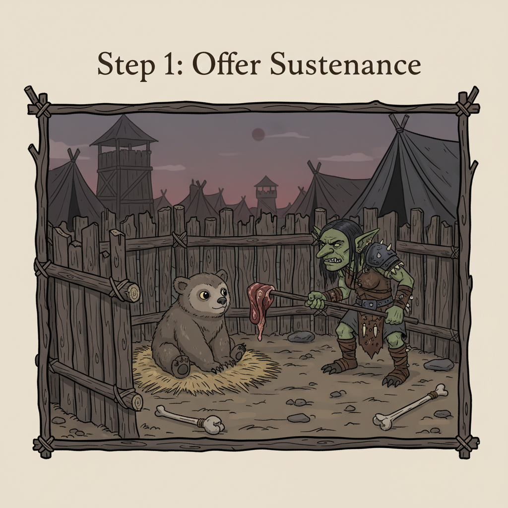 BG3 goblin camp owlbear cub in wooden pen with goblin trainer Krolla, cute cub, dark fantasy art