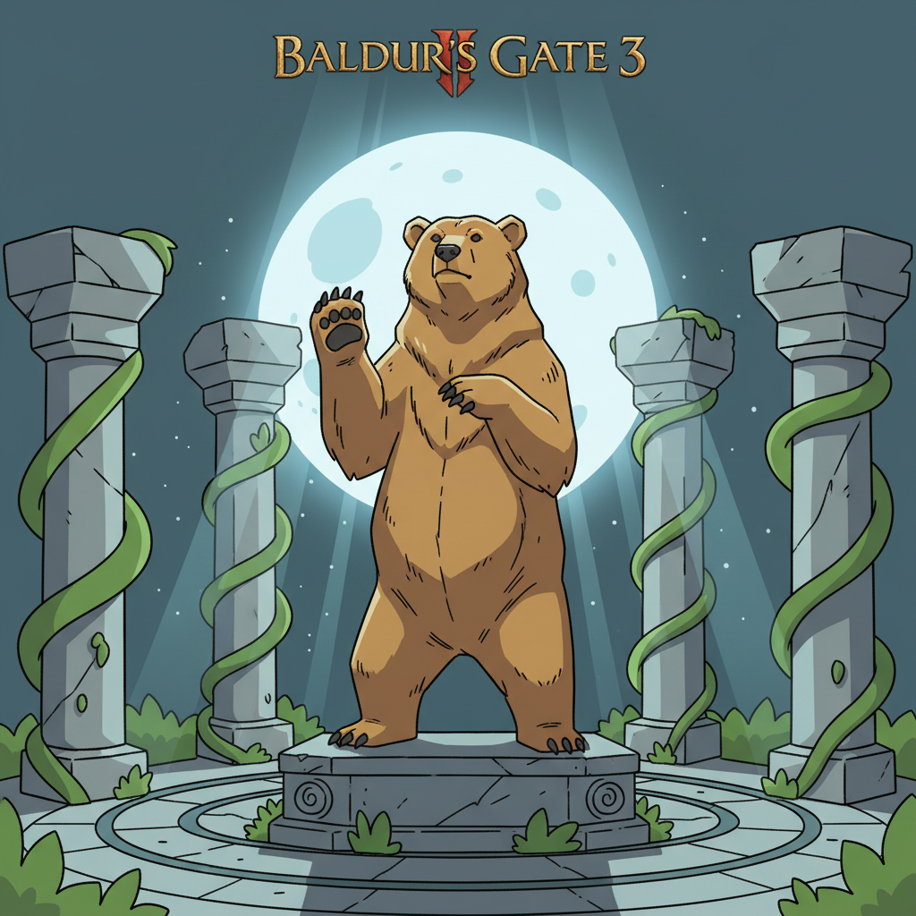 Baldur's Gate 3 bear statue in Druid Grove sanctum, stone carving surrounded by vines and moonlight