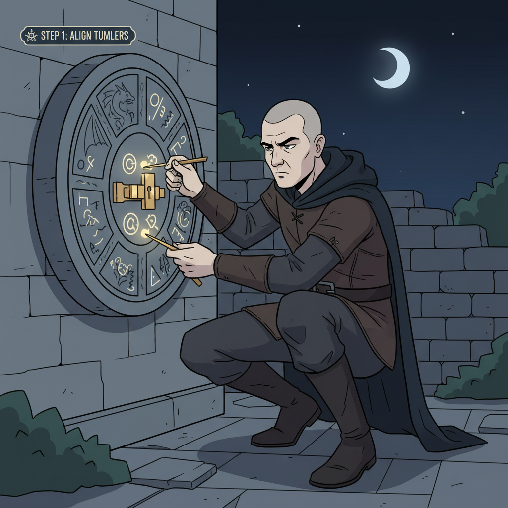 Baldur's Gate 3 character lockpicking stone panel, tools in hand, tense nighttime stealth scene