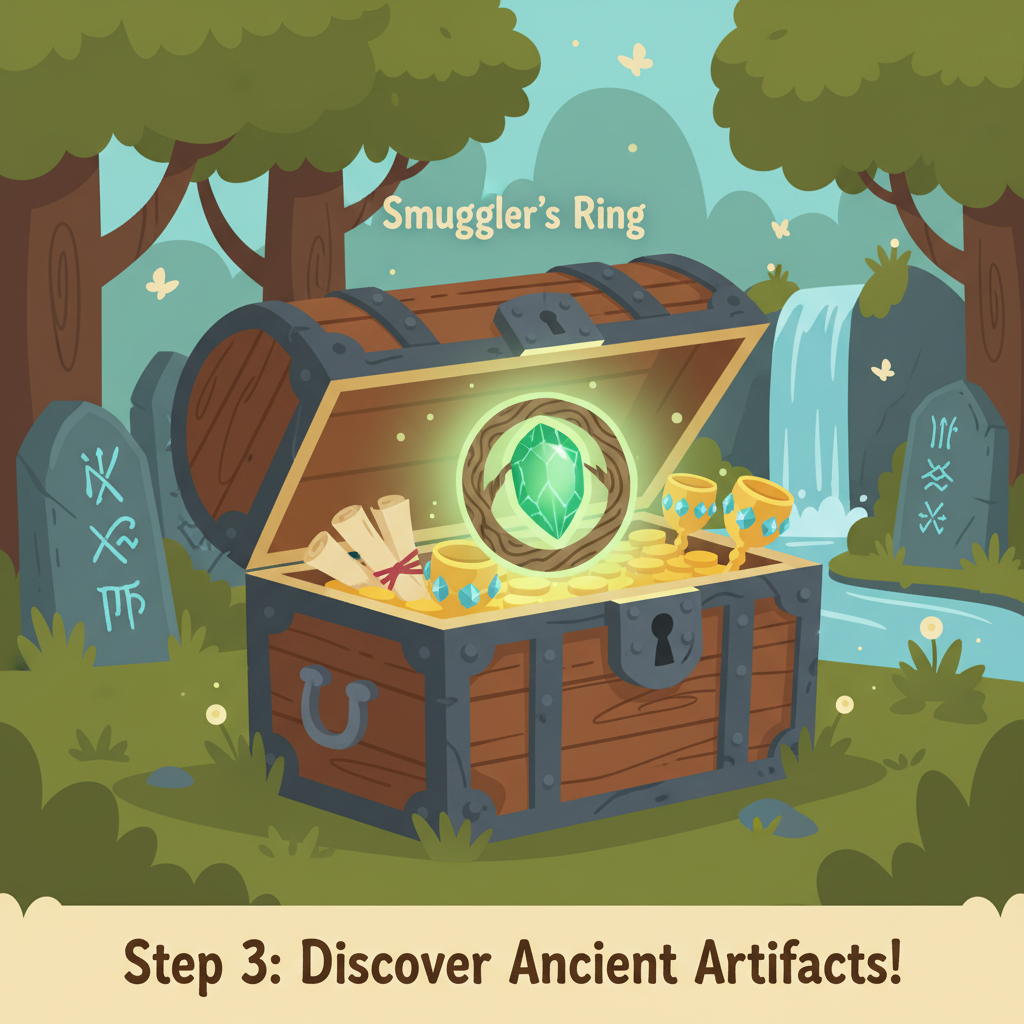 Treasure chest opening in Druid Grove, glowing Smuggler's Ring inside, fantasy loot glow