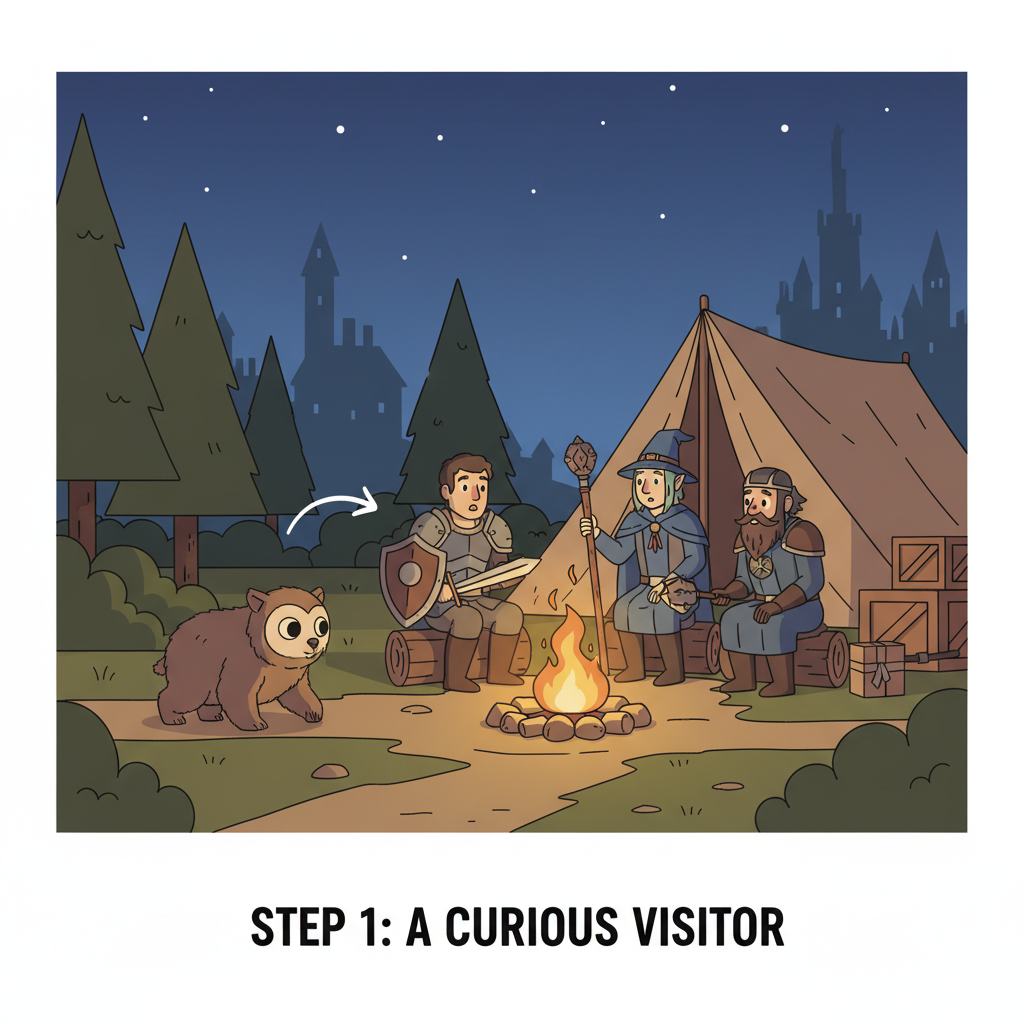 Owlbear cub arriving at adventurer camp in Baldur's Gate 3, campfire scene with companions