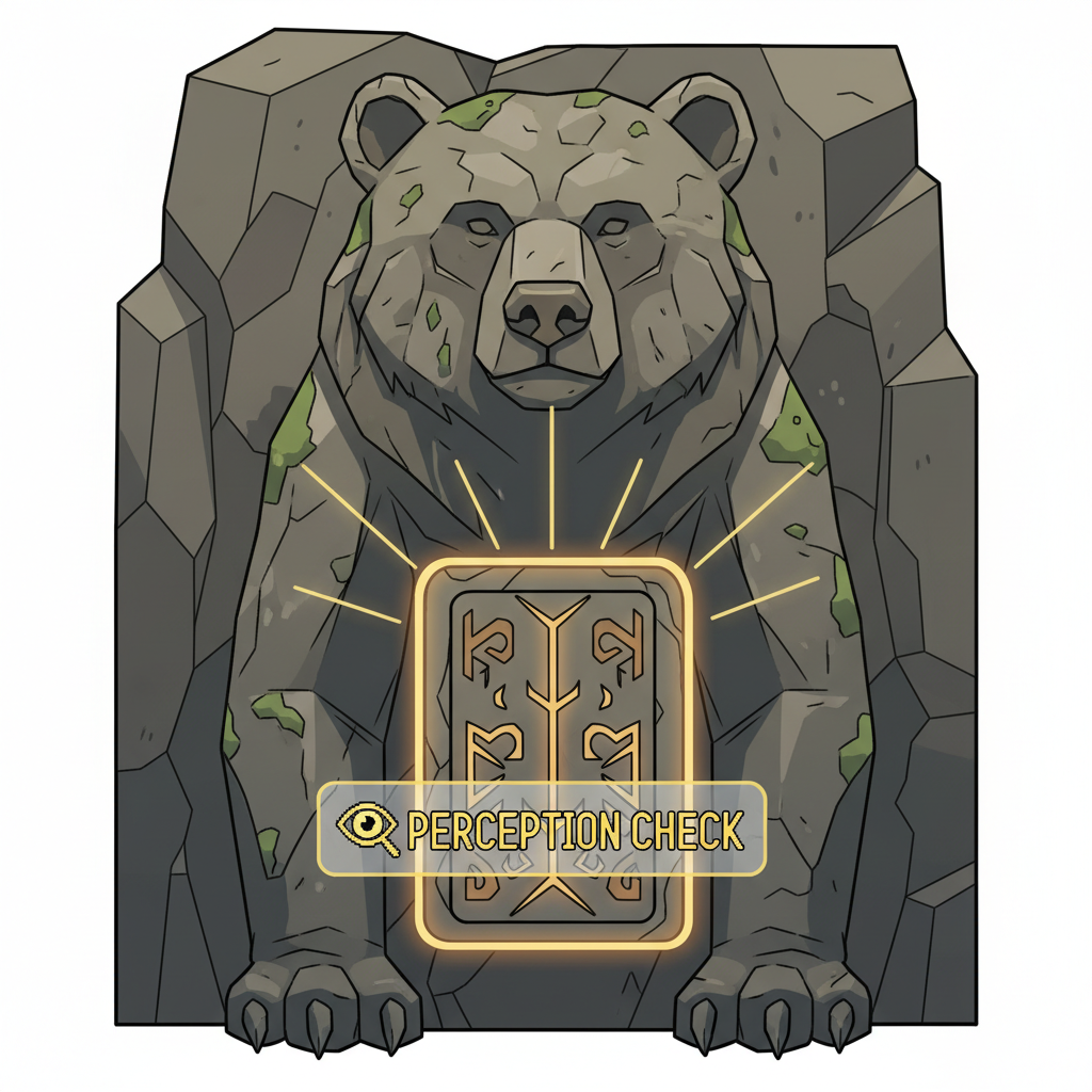 Close-up fantasy RPG hidden stone panel behind bear statue, glowing faintly, perception check highlight