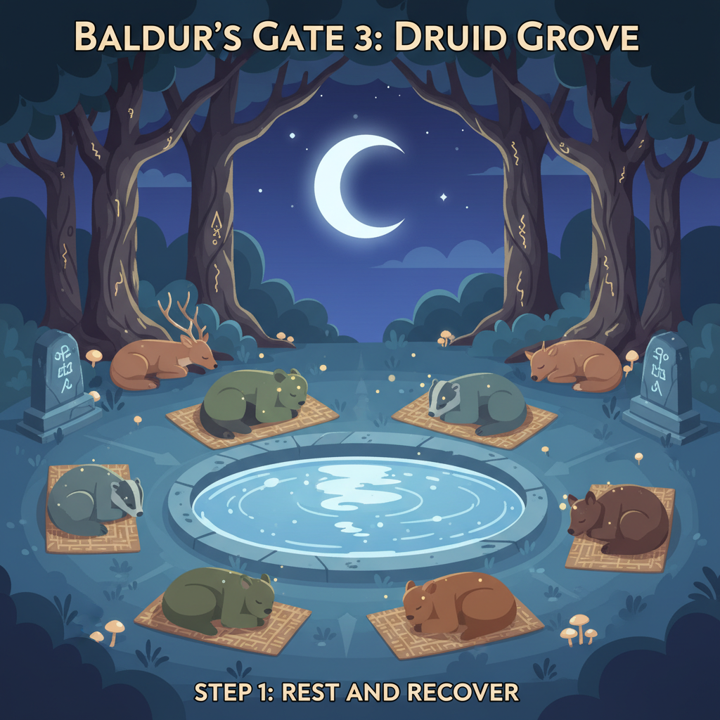 Baldur's Gate 3 Druid Grove at night, moonlit sacred pool with sleeping druids, fantasy RPG atmosphere