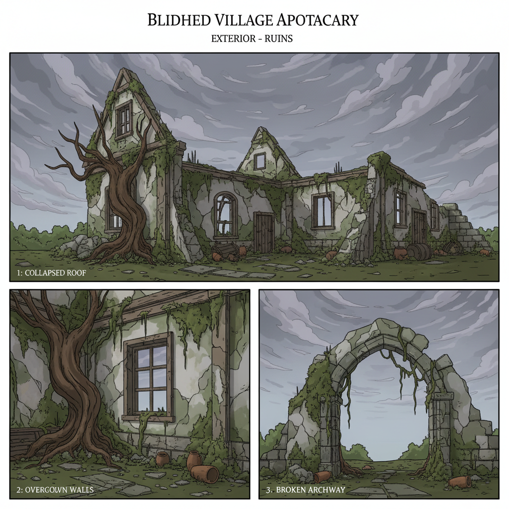 Baldur's Gate 3 Blighted Village ruined apothecary exterior, overgrown ruins under cloudy sky