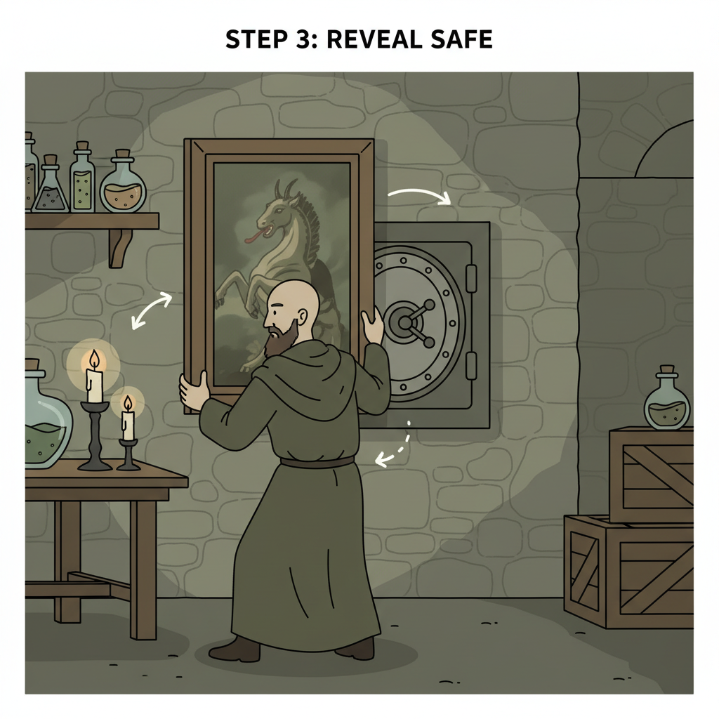 Baldur's Gate 3 apothecary cellar, character moving painting to reveal hidden safe, dim candlelight