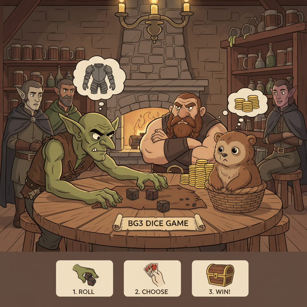 BG3 dice game with goblin over owlbear cub bet, tense gambling scene, fantasy tavern style