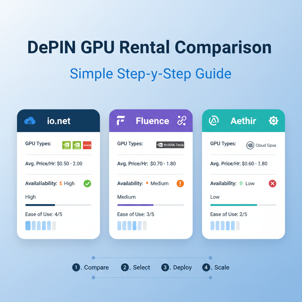 professional dashboard comparing io.net Fluence Aethir DePIN platforms for GPU rental