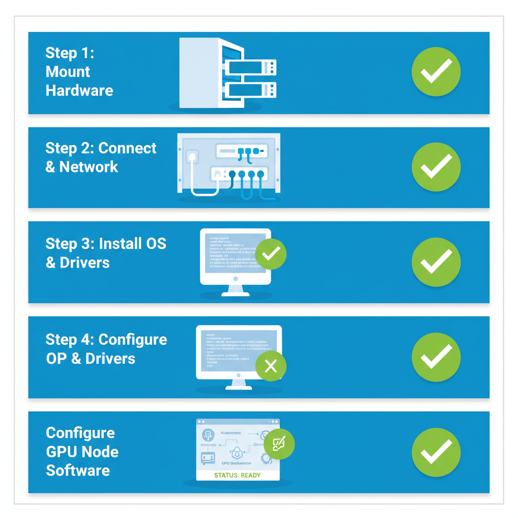installing GPU node software on server rack with verification checkmarks