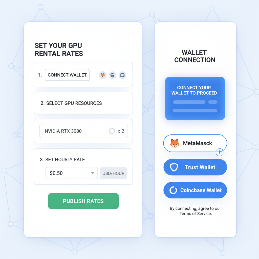 setting GPU rental rates on DePIN dashboard with wallet connection interface