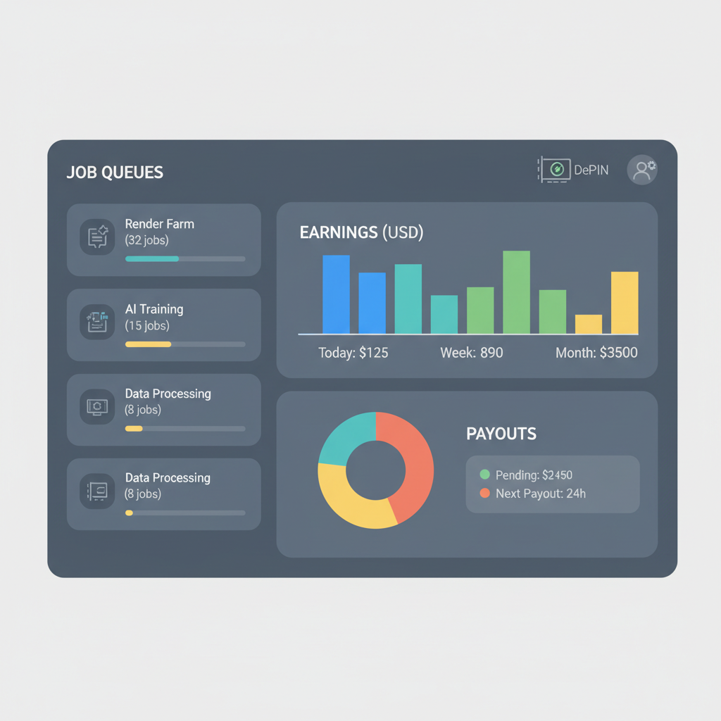 monitoring DePIN GPU dashboard with job queues earnings charts payouts