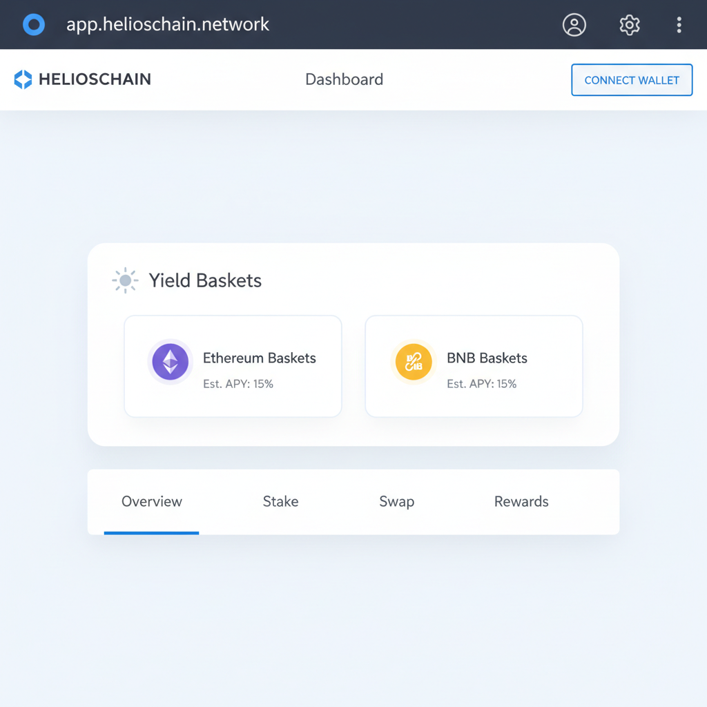 clean web interface app.helioschain.network dashboard yield baskets buttons Ethereum BNB icons --ar 16:9
