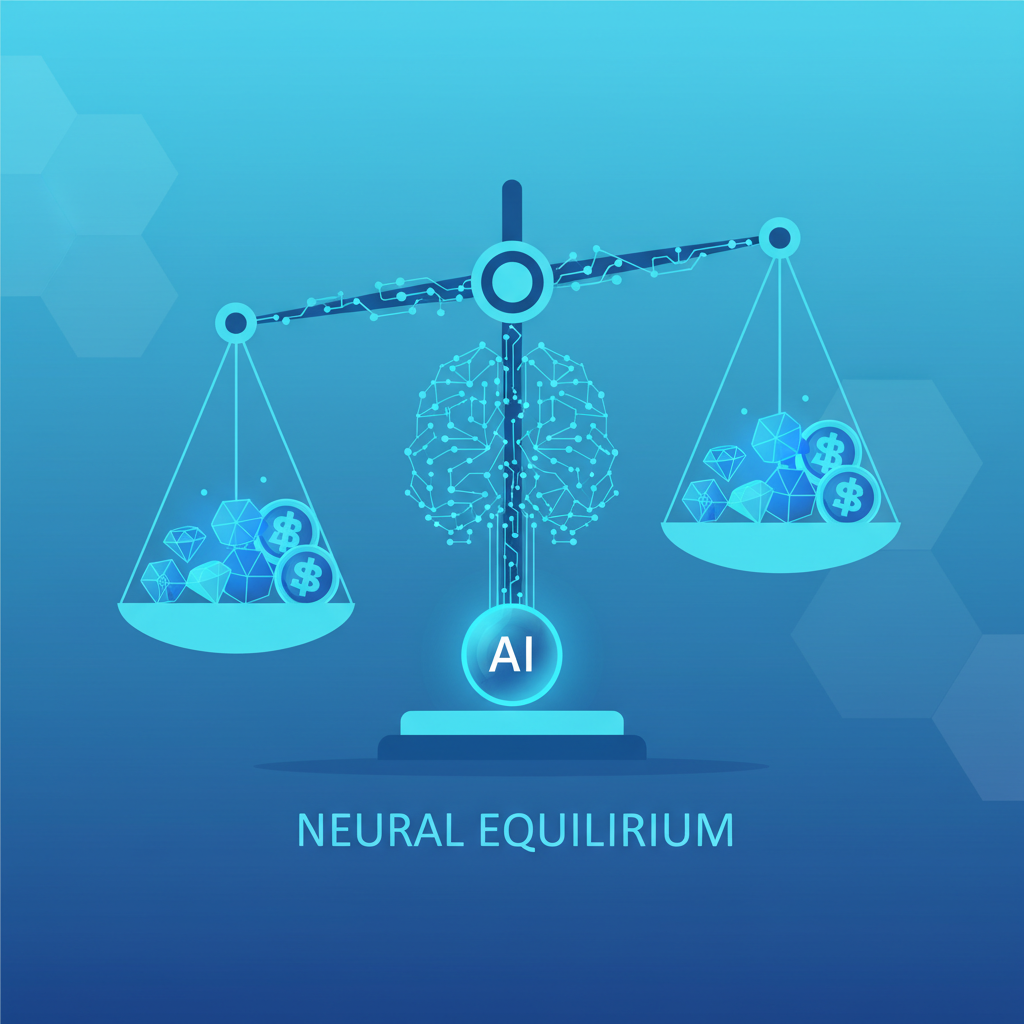 AI neural network balancing glowing crypto asset baskets scales equilibrium blue tones --ar 16:9