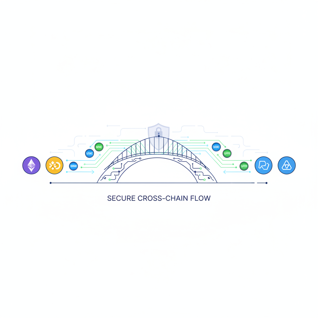 bridge icon transferring USDC USDT across Ethereum BNB Polygon chains secure flow --ar 16:9
