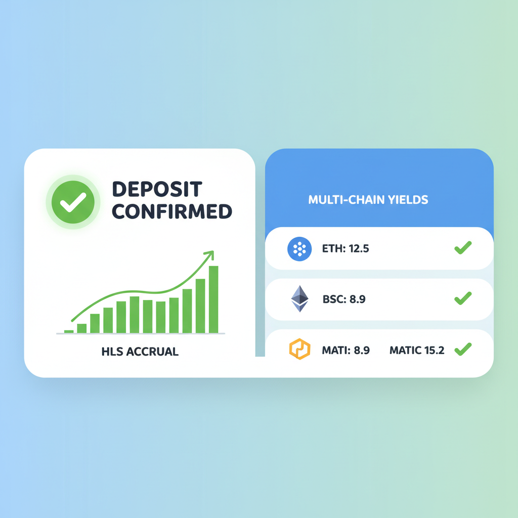 dashboard showing deposit confirmed HLS accrual chart multi-chain yields green check --ar 16:9