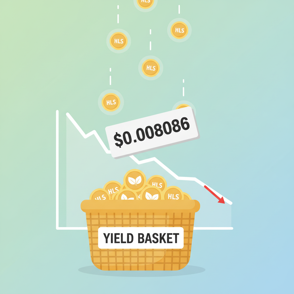 HLS token rewards raining into yield basket current price tag $0.008086 chart subtle decline --ar 16:9