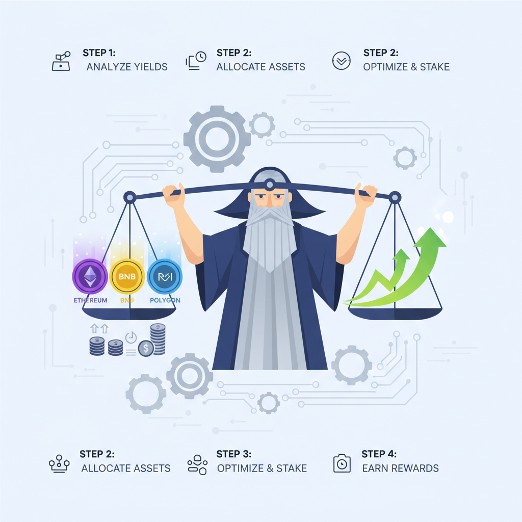 sleek timeline graphic of Chronos rebalancing crypto yields Ethereum BNB Polygon clocks gears futuristic --ar 16:9