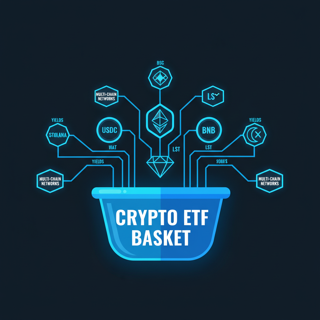 abstract illustration of crypto ETF basket pooling USDC ETH LST BNB yields across multi-chain networks glowing blue --ar 16:9