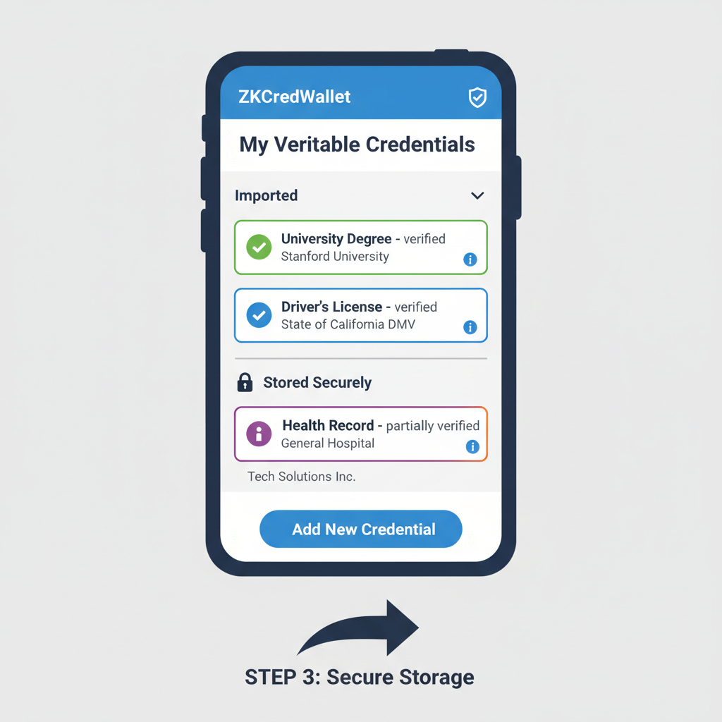 ZKCredWallet app screen showing imported and stored verifiable credential securely
