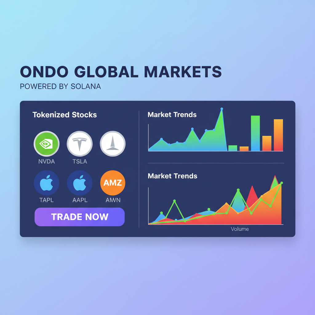 Ondo Global Markets dashboard on Solana, tokenized stocks icons like Nvidia Tesla, vibrant charts