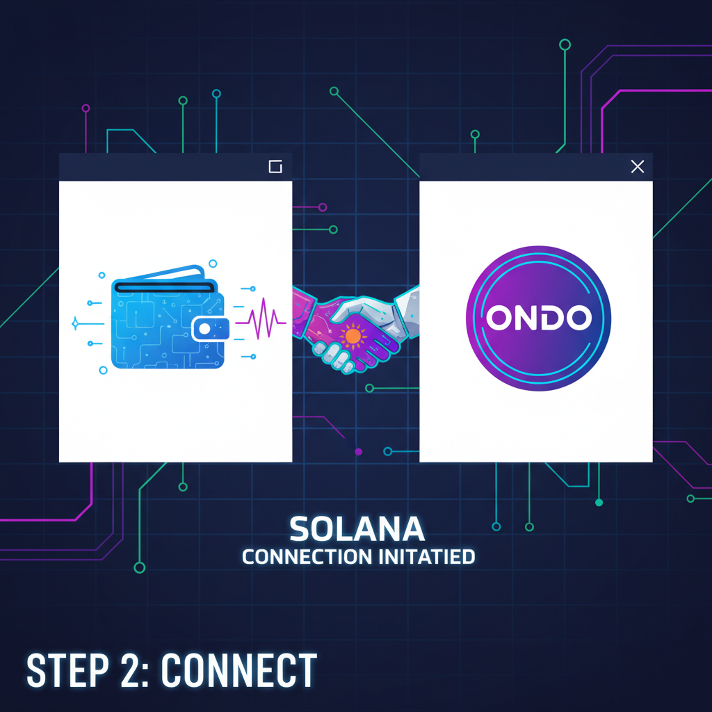 wallet connecting to Ondo platform, Solana logo handshake, cyberpunk energy