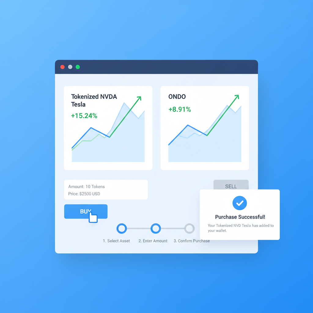 buying tokenized Nvidia Tesla on Ondo, exchange interface with rising charts, electric blue tones