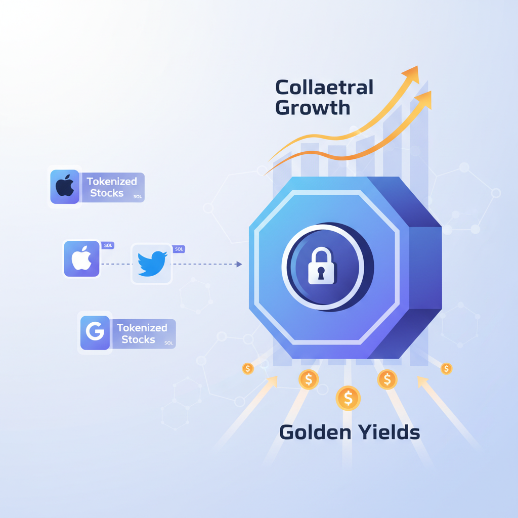 depositing tokenized stocks into Solana DeFi vault, collateral graphs ascending, golden yields glow