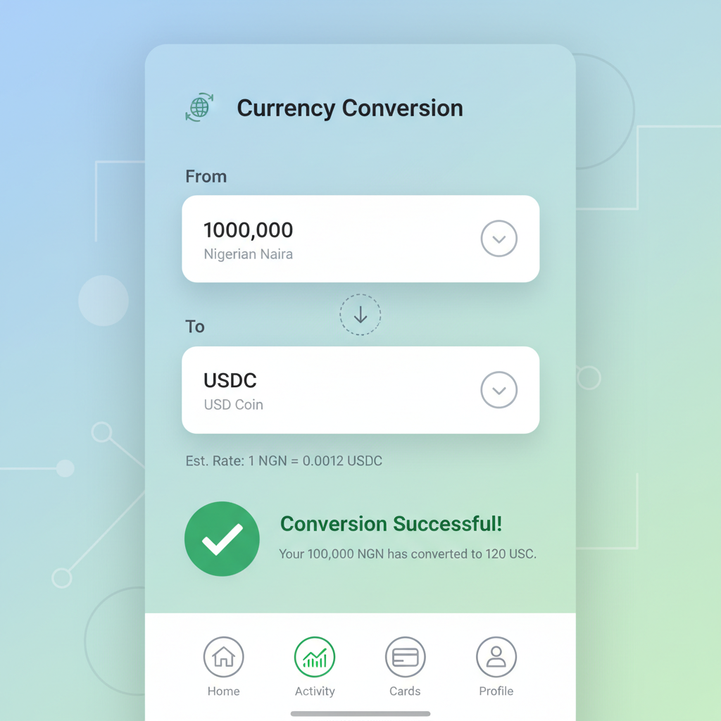 Mobile app screen showing currency conversion from NGN or KES to USDC, clean UI with green checkmark, modern fintech design