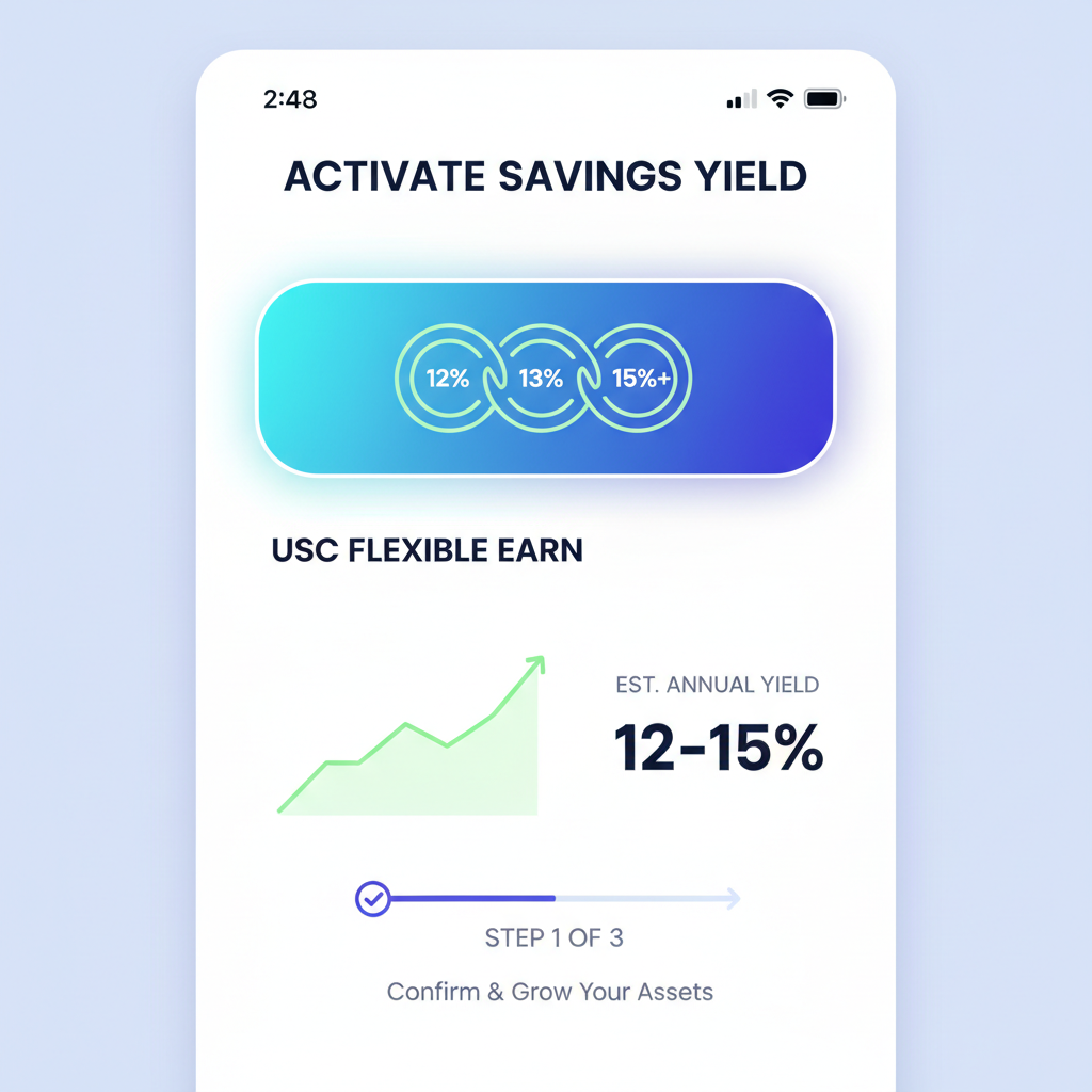 App interface activating USDC savings yield with percentage icons like 12-15%, growth chart starting, professional blue tones