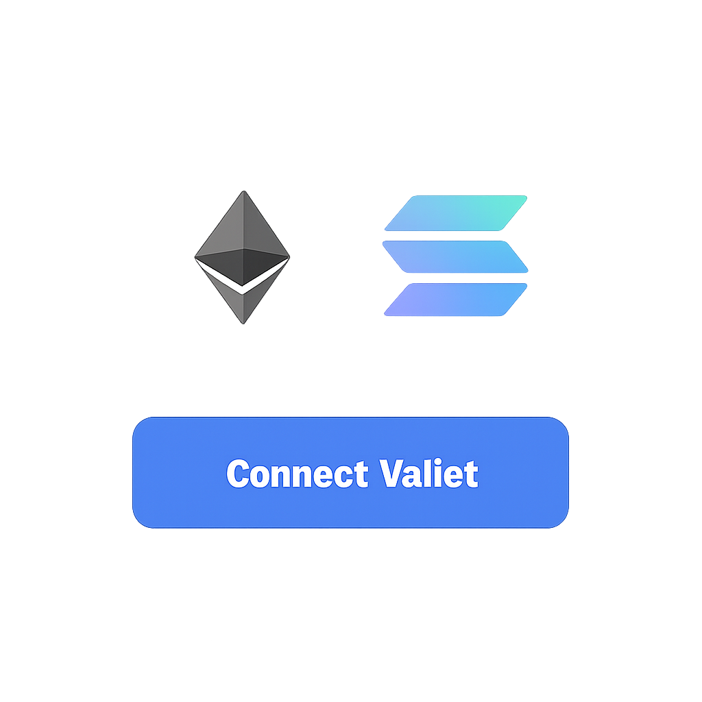 clean web3 wallet connection interface with Ethereum and Solana logos, one-click connect button, modern UI