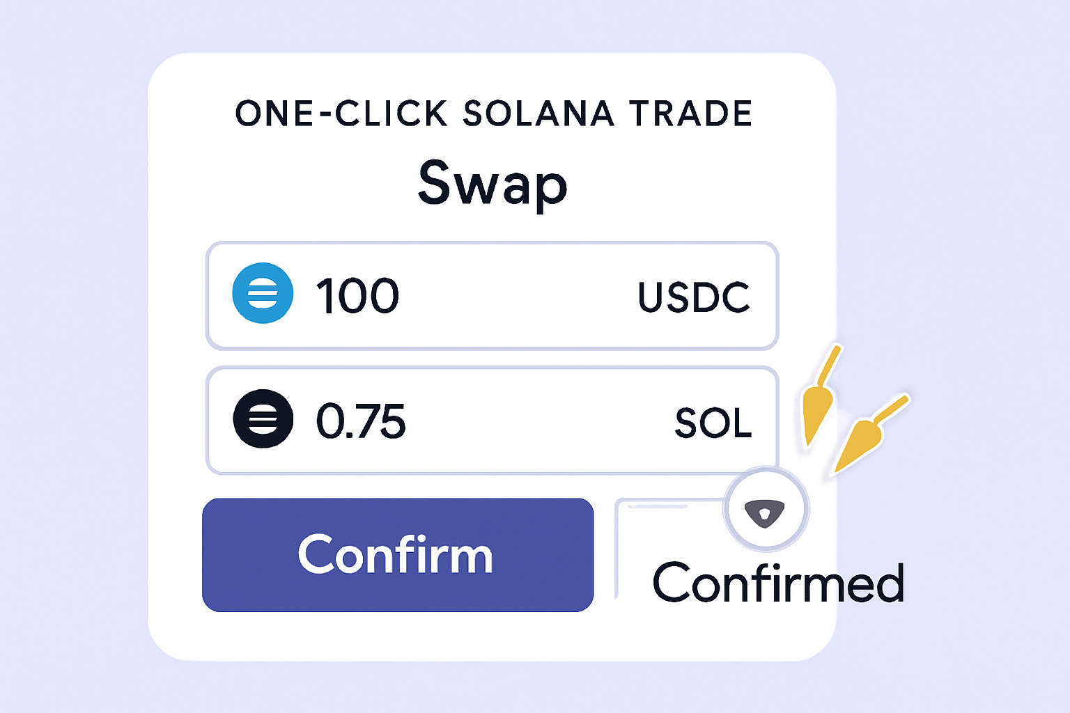 one-click Solana trade interface, USDC to SOL swap confirmation, lightning fast execution animation