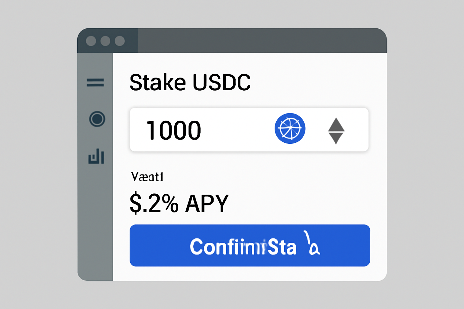 staking USDC on Ethereum interface, yield APY display, confirm stake button, professional dashboard