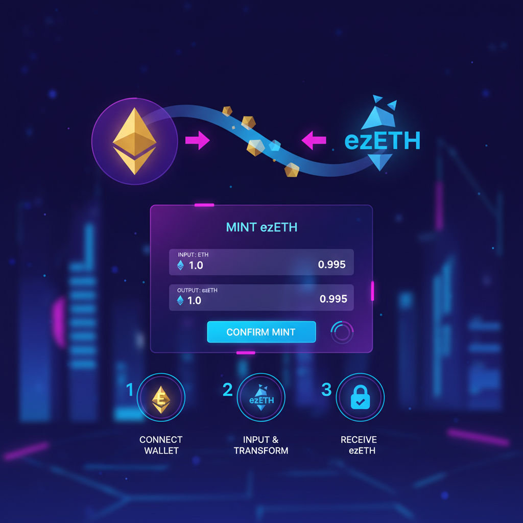 sleek DeFi interface minting ezETH on Renzo protocol, glowing ETH to ezETH transformation, futuristic UI, neon blues and purples