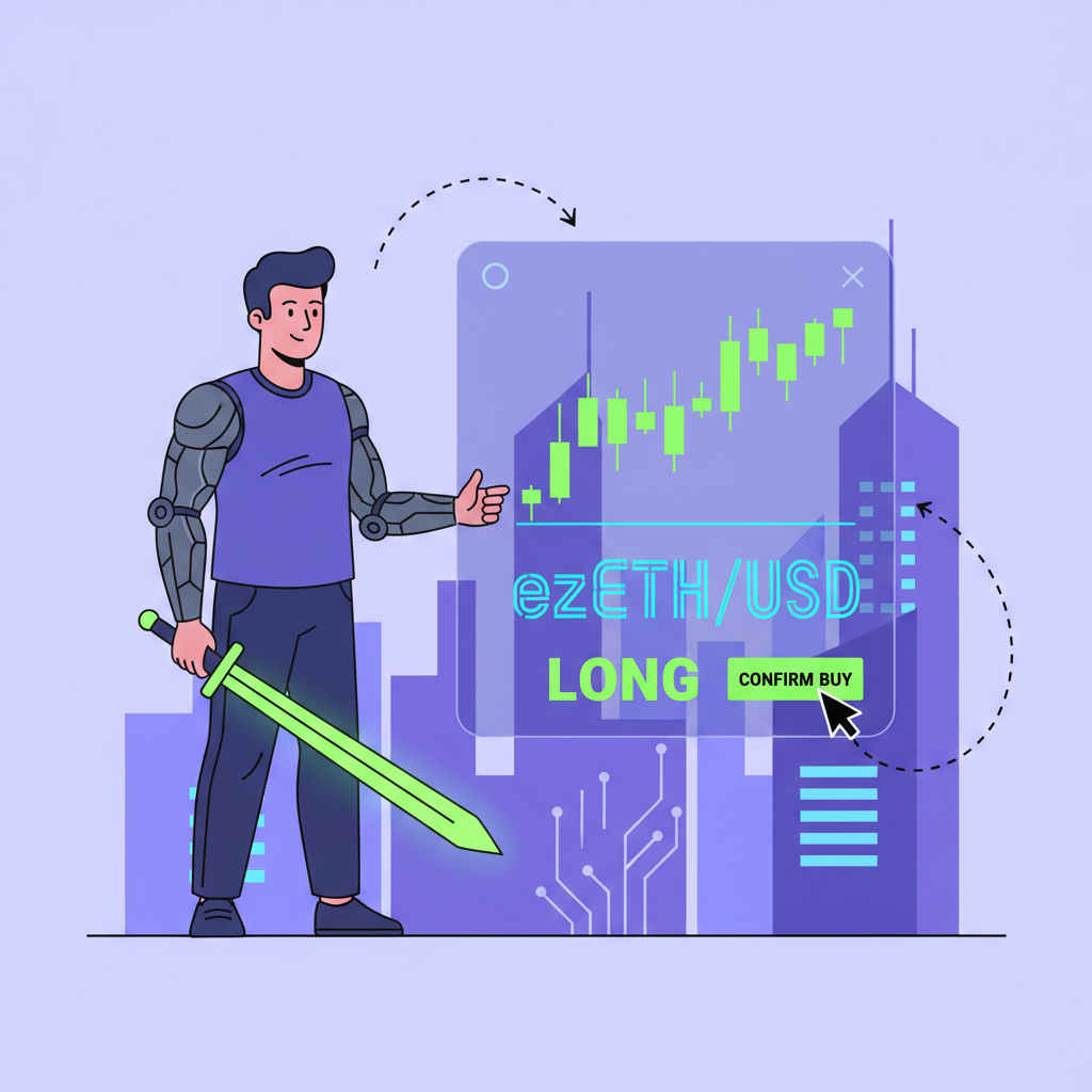 trader holding long position on ezETH spot chart, bullish green candles, DeFi wallet dashboard, cyberpunk style
