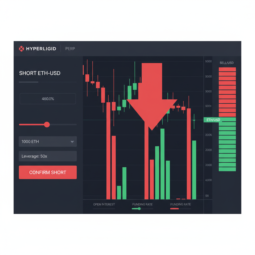 Hyperliquid perp DEX interface opening short ETH position, red short arrow dominating chart, high volume bars, dark mode UI