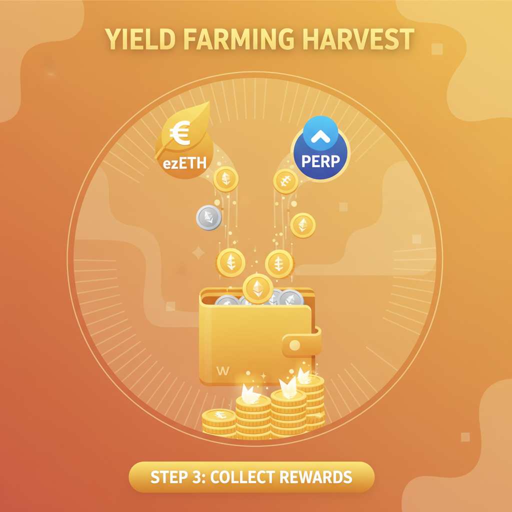 yield farming harvest, coins raining from ezETH and perp icons, wallet filling with ETH rewards, vibrant gold tones