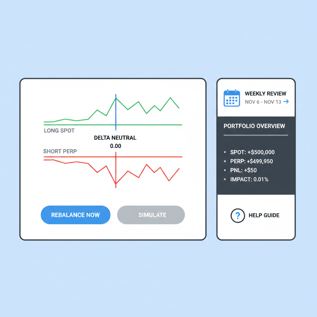 dashboard rebalancing delta neutral portfolio, charts aligning long spot and short perp, weekly calendar icon, professional analytics UI