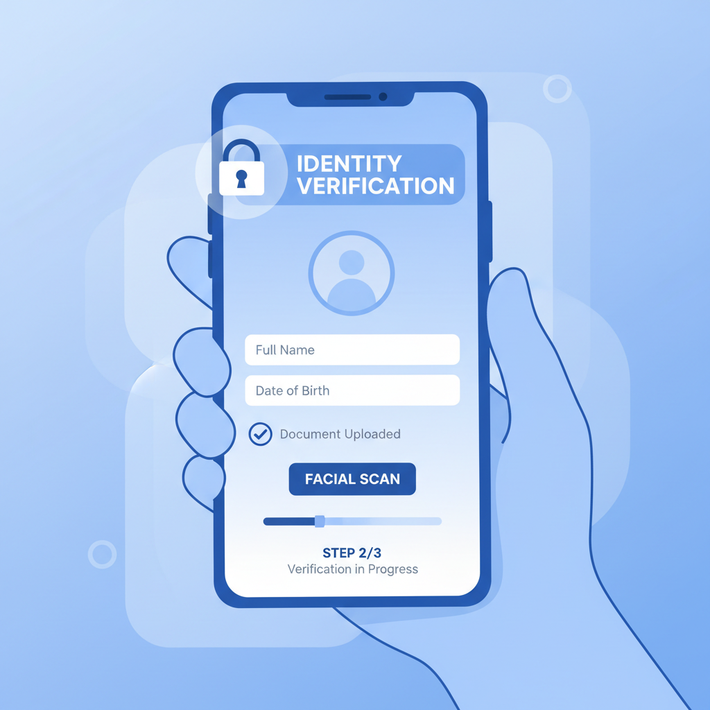 clean illustration of user verifying ID on crypto exchange app screen, secure lock icon, blue tones