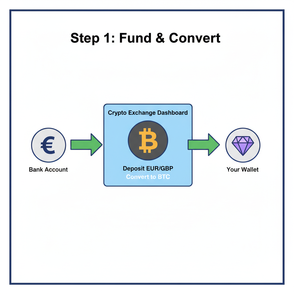 simple graphic of bank transfer to crypto exchange dashboard, fiat icons to BTC symbol, green arrows
