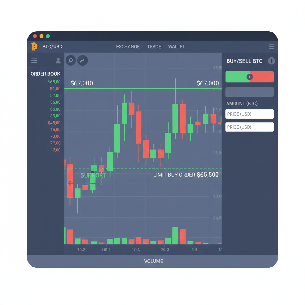screenshot-style chart of BTC price at $67K with limit order placed, support line highlighted, professional trading interface