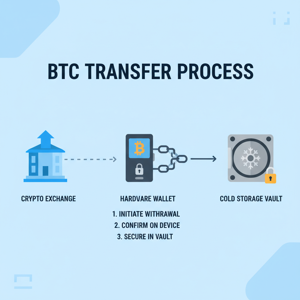 illustration of BTC transferring from exchange to hardware wallet, cold storage vault icon, secure chain link